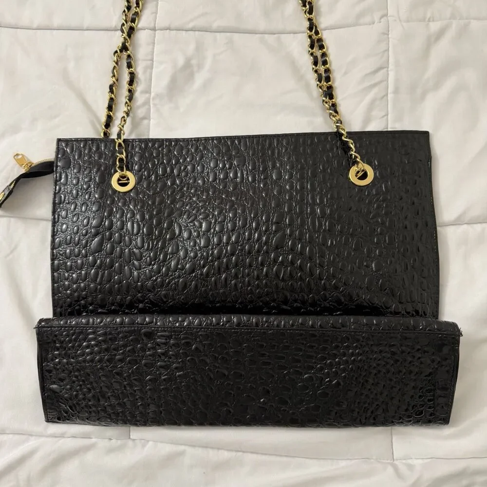 St. John Tote Bag Large Black Patent Leather Embossed Gold Chain Straps - Picture 6 of 11